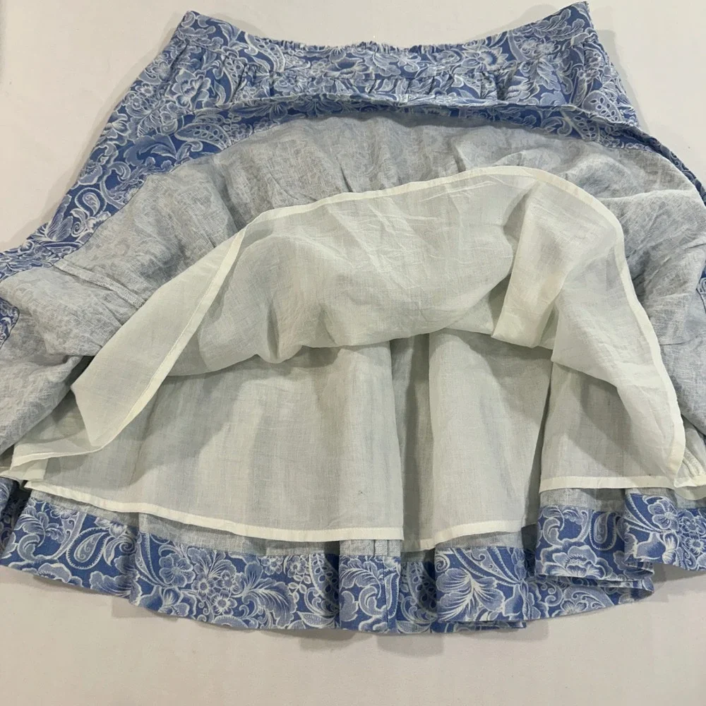 Soft Surroundings Skirt Womens Medium Blue White Floral Paisley Linen Tiered